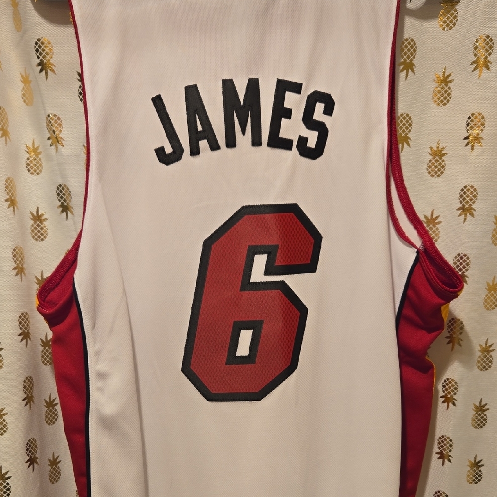 Lebron James Adidas White and Red Miami Heat Jersey